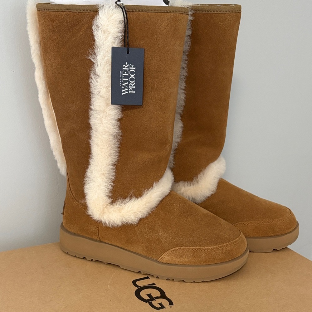 UGG Sundance Waterproof Tan Boots with Cream Fur Trim